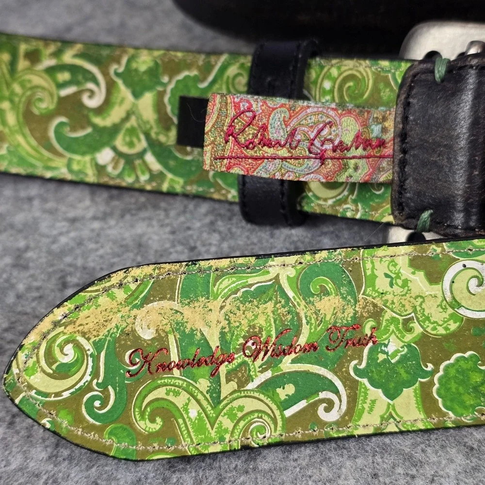 Robert Graham Belt Mens Black Leather Green Paisley Lining Silver Buckle 43